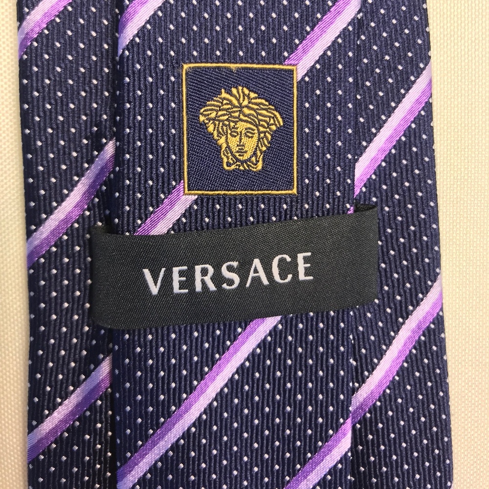 Versace Navy Silk Tie | Purple Dots | Diag Stripes